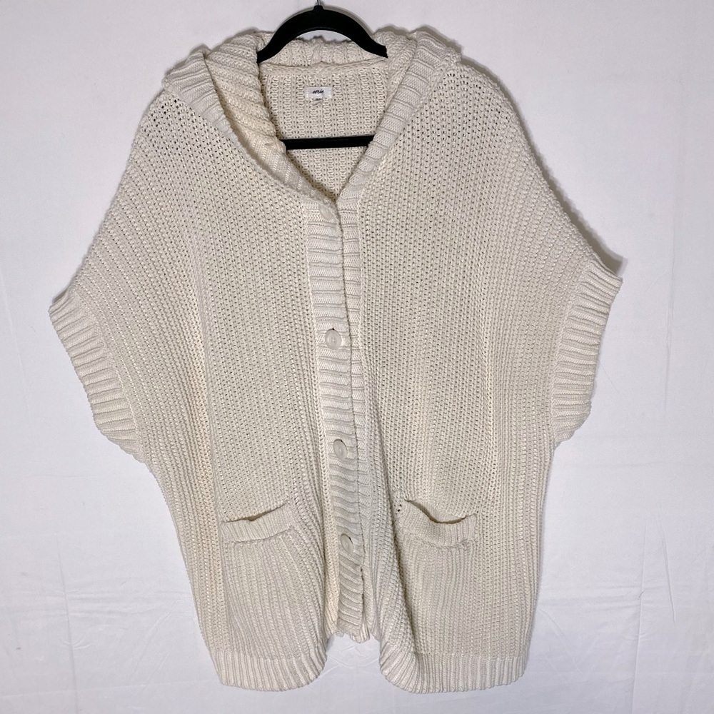 Aerie Ecru Chunky Knit Oversized Button Front Short Sleeve Hooded Cardigan XS